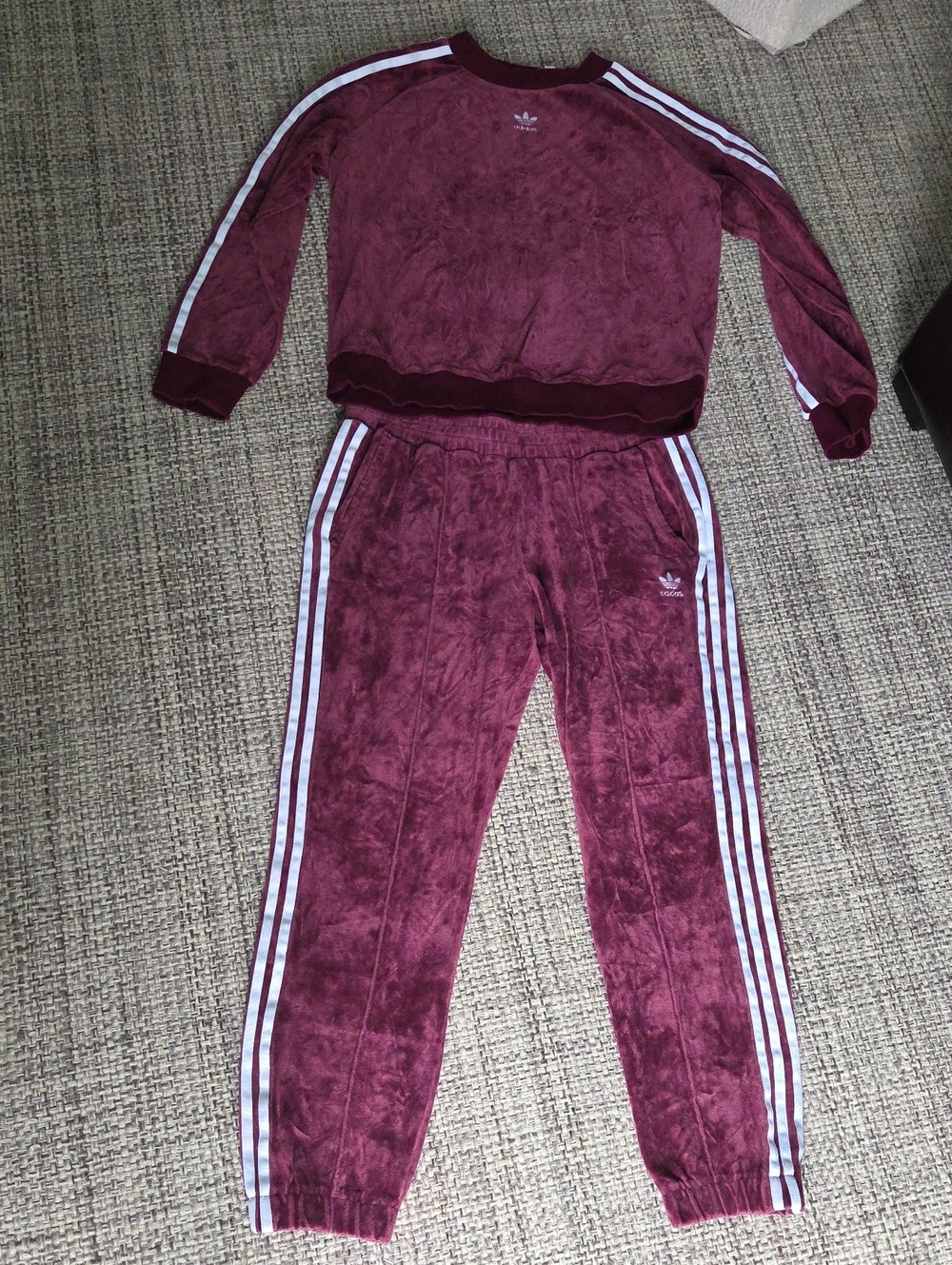 Adidas Originals Burgundy Velour Tracksuit Set Y2K 3 Stripe Jacket Pants M - Picture 8 of 16